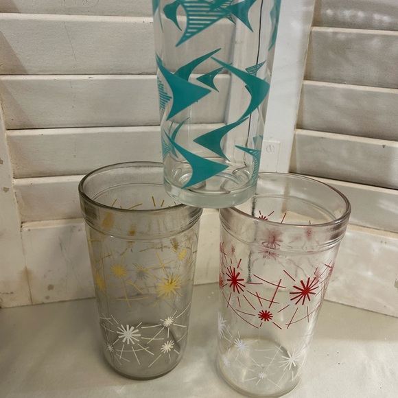 3 Vintage 50s 60s atomic drink glass Starburst Boomerang Teal Red Yellow MCM - Picture 7 of 16